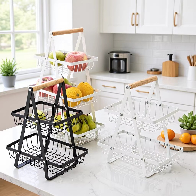 Movable Multi-Layer Wooden Portable Storage Basket with Iron Art Design, Detachable and Assembleable, for Fruits and Spices, Kitchen Storage Rack, Countertop