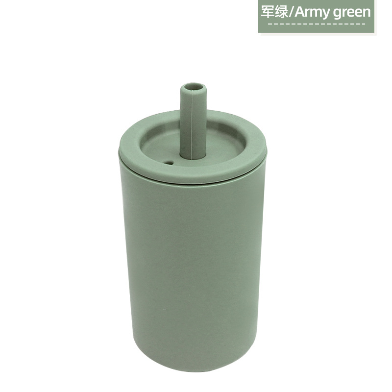 Taza de silicona para bebés, taza de agua para niños, taza de agua a prueba de caídas y antideslizante con cubierta, taza doméstica simple, taza de paja de silicona, taza grande