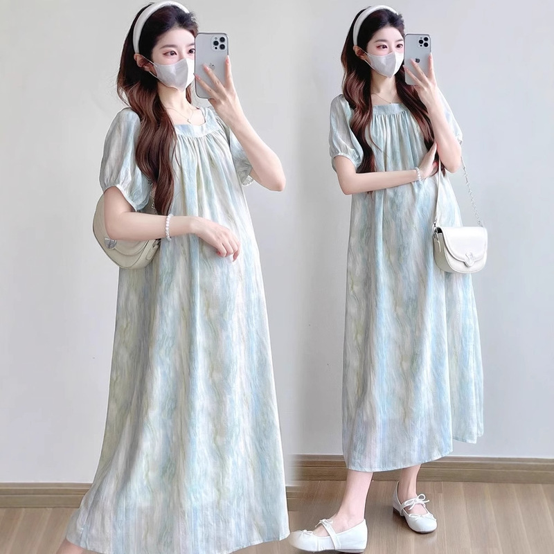 Maternity Wear Summer 2025 Skirt Mid-Length Loose Fashionable Square Collar Belly-Covering Long Skirt Fashionable Hot Mom Dress for Women