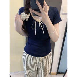 2024夏季新款正肩系带假两件短袖T恤女春夏季木耳边v领显瘦上衣潮