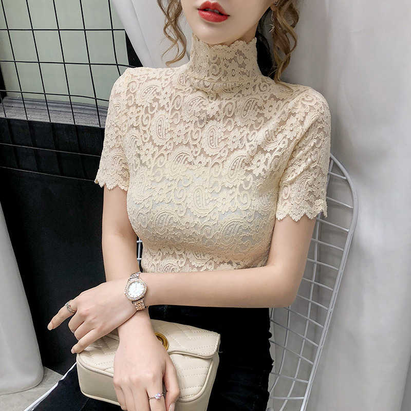 Half High Collar Lace Base Shirt Women's Summer 2021 New European Western Style Small Shirt with Short Sleeve Mesh Top Trendy