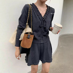 学院风针织套装女春秋韩系少女气质开衫V领韩式背心百褶裙两件套