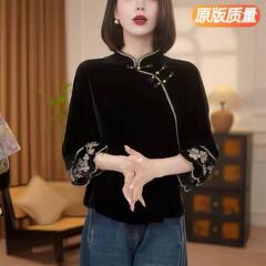 2025新款复古盘扣中式国风重工刺绣金丝绒旗袍打底衫上衣百搭