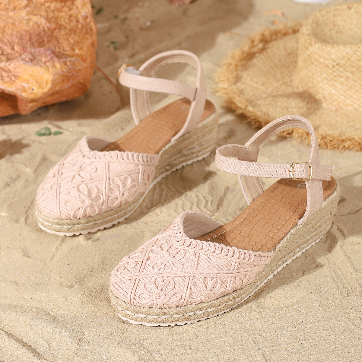 Sandalias de Cuña con Suela de Cáñamo en Lino con Cierre de Hebilla image 4