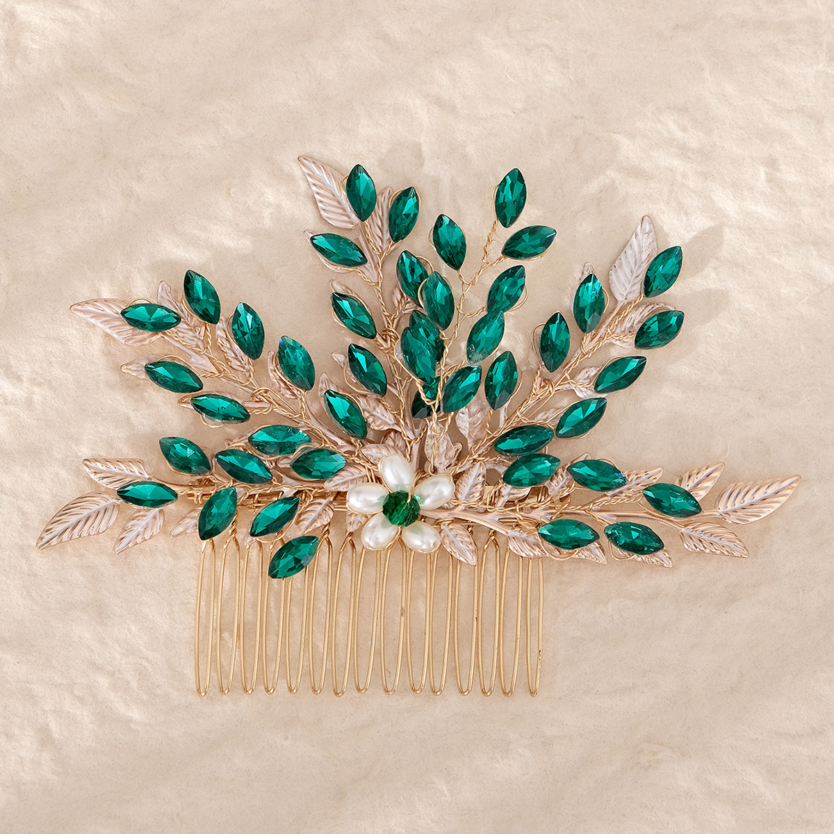 Peine de inserción de diamantes de imitación de aleación retro transfronteriza hoja hecha a mano tocado de cristal verde estilo antiguo Hanfu joyería peine para el cabello nupcial