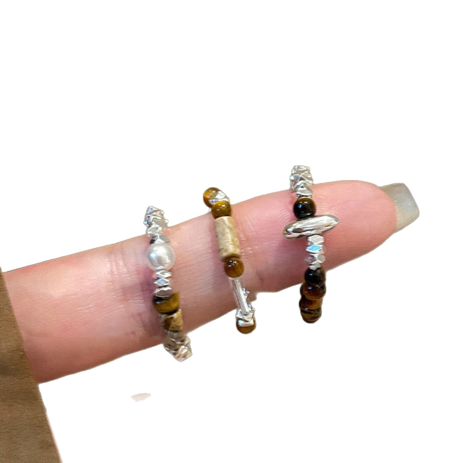 Tiger Eye Fragment Silver Stone Beaded Ethnic Style Elegant Index Finger Niche Design Sense Ring_voghion.com