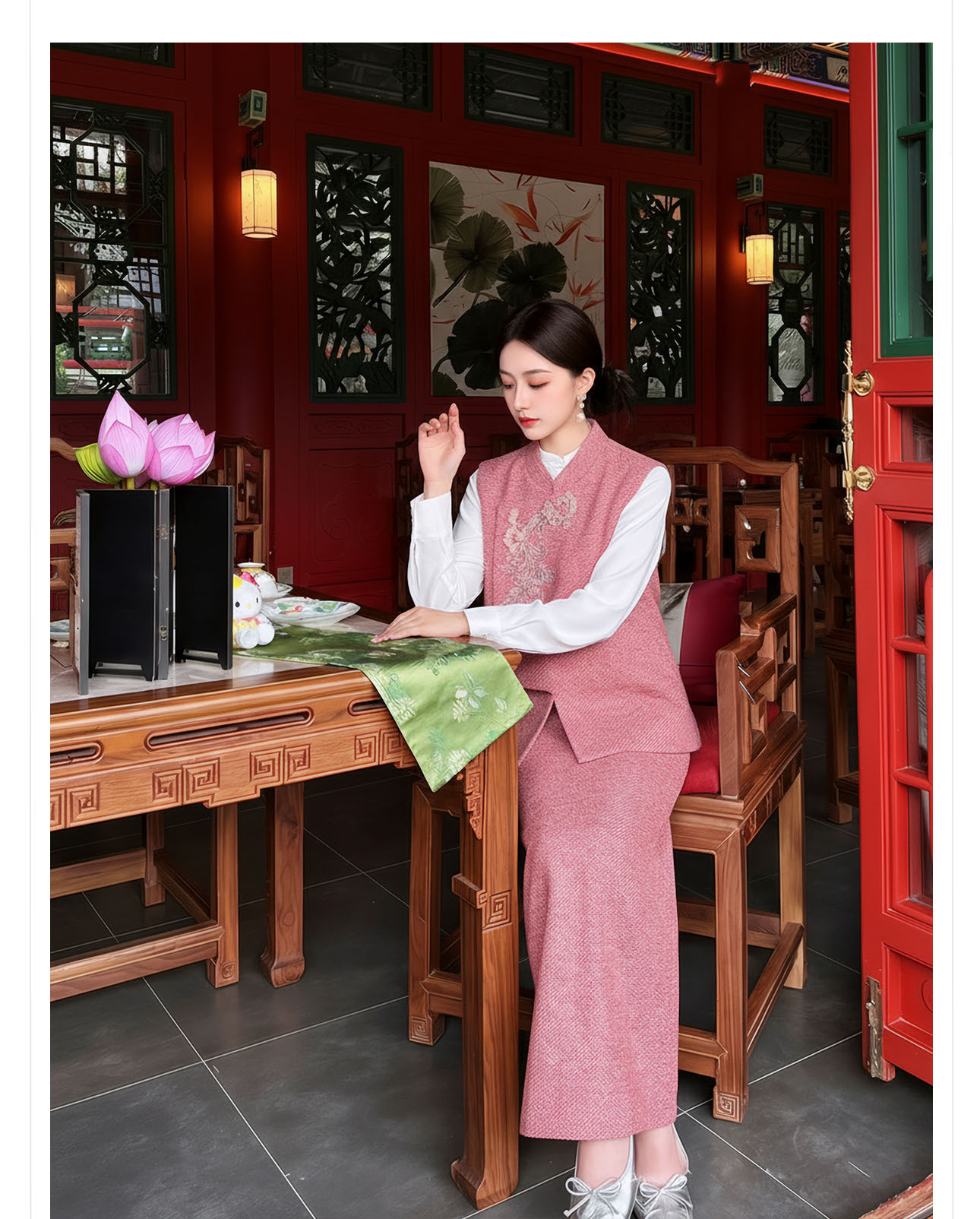 Bộ áo gile không tay và chân váy midi tân cổ điển đính cườm sang trọng — nửa váy, Trang chủ chi tiết 2