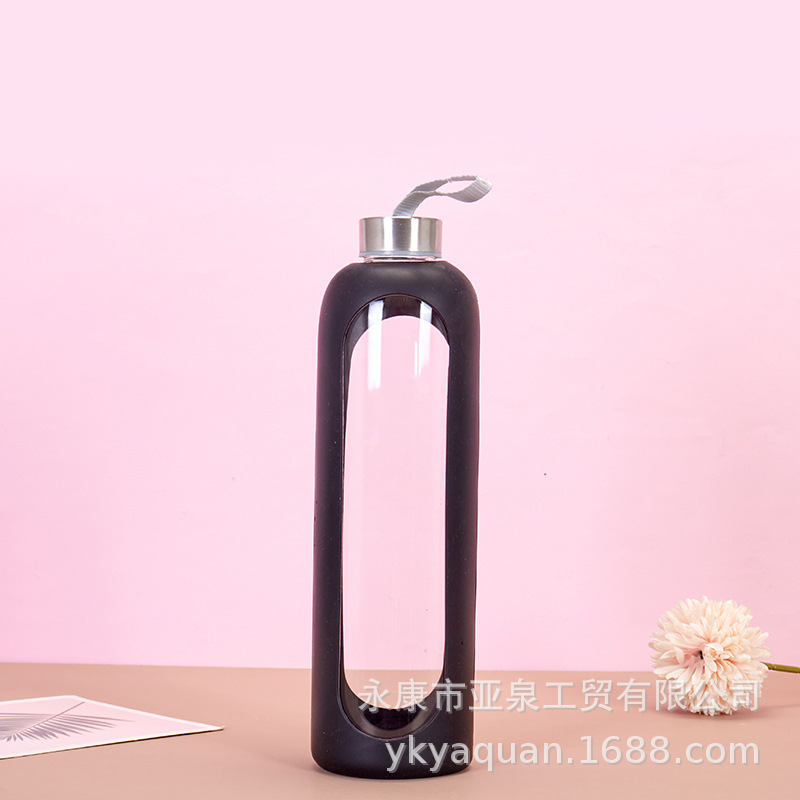 Vaso de vidrio portátil transfronterizo con alto contenido de borosilicato con funda de silicona, taza de agua de vidrio de té portátil para automóvil al aire libre, regalo al por mayor