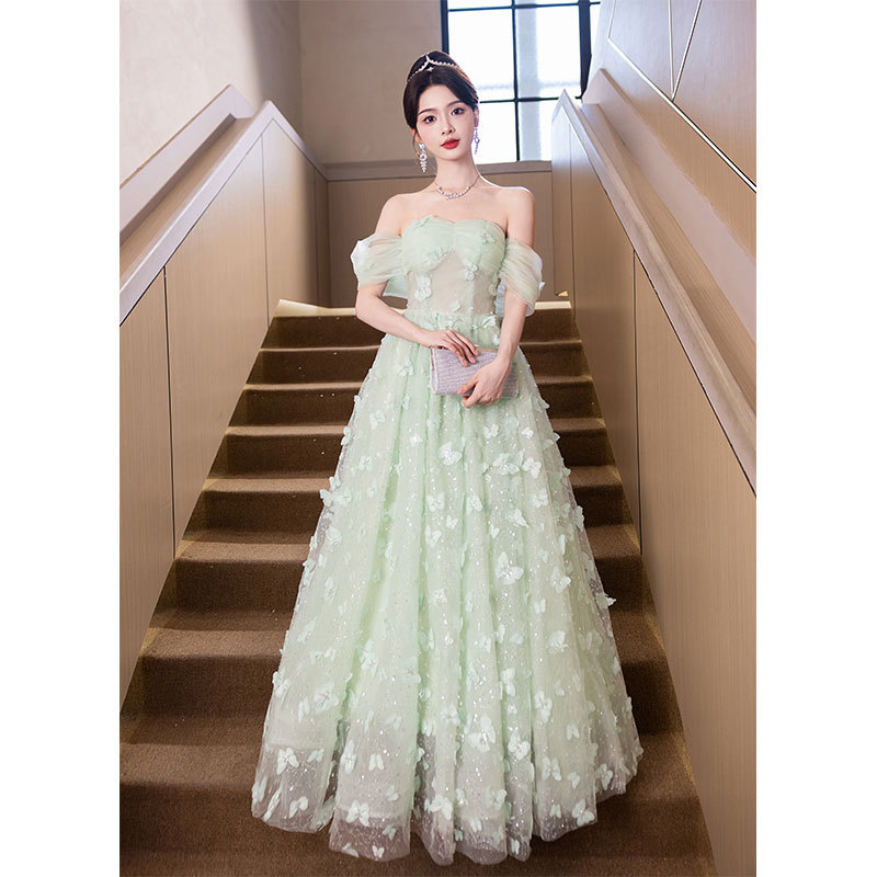 off-shoulder evening dress female green super fairy temperament student day bar mitzvah at large princess dress student dance art test