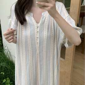 韩国ins女士夏季新品韩系双层棉纱碎花宽松大码家居服睡裙连衣裙