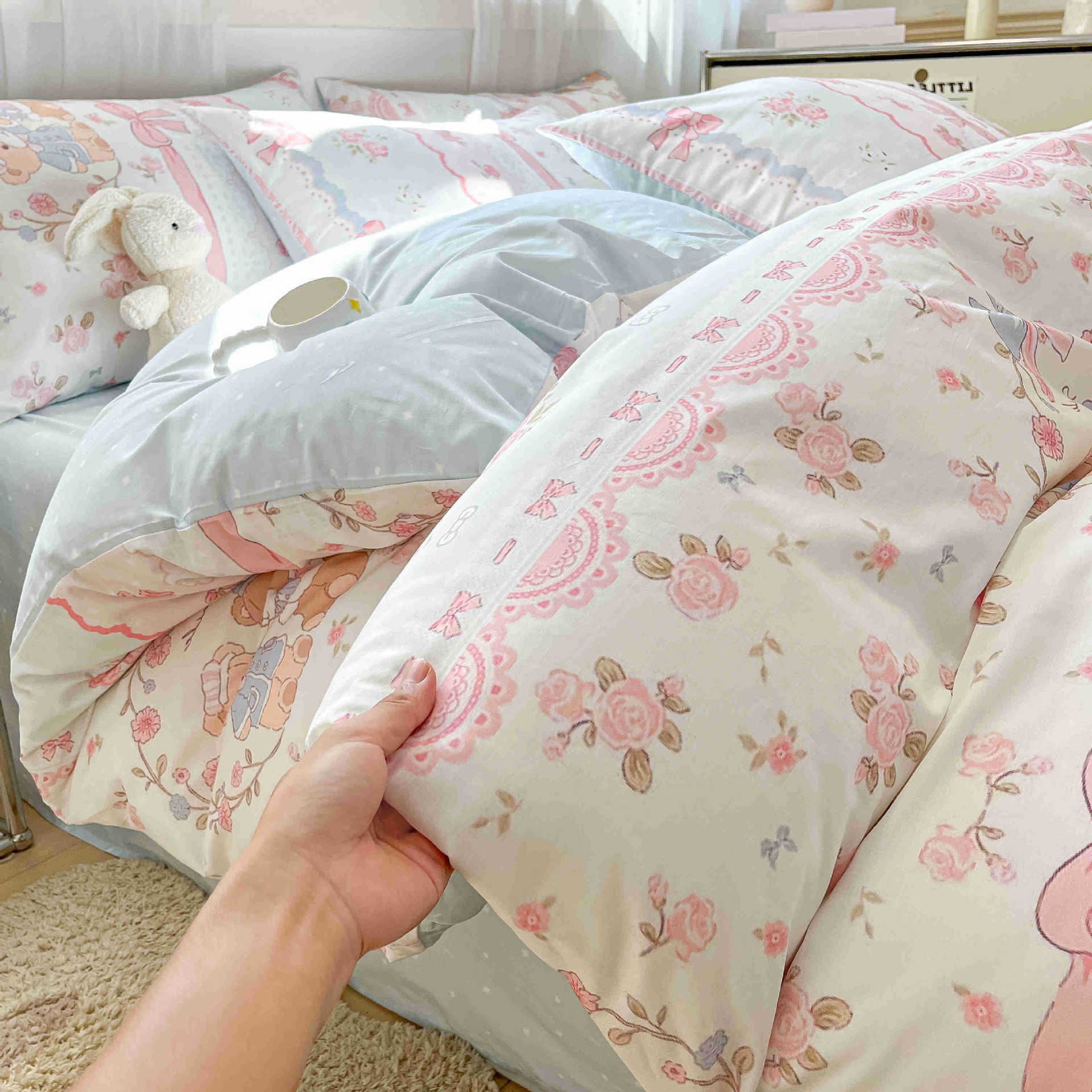 Cama de algodón de cuatro piezas, sábanas de cama de algodón, cama de cama de tres piezas, nuevo dormitorio, cama de cama de tres piezas