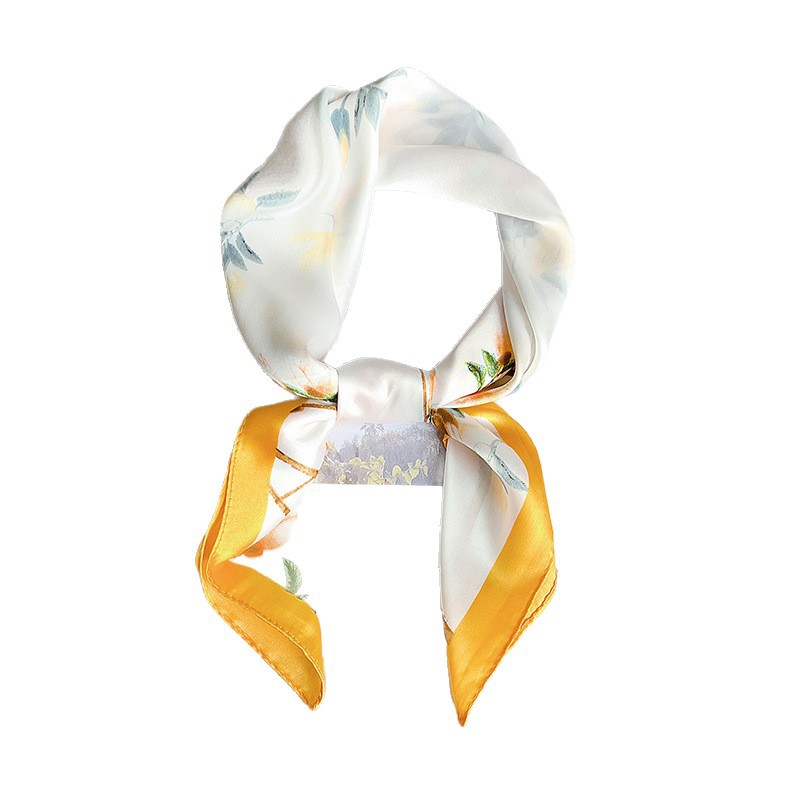 Bufanda de seda, bufanda cuadrada pequeña con cuello, flor rosa claro, bufanda de seda de imitación, viaje de verano para mujer, bufanda pequeña fresca y dulce