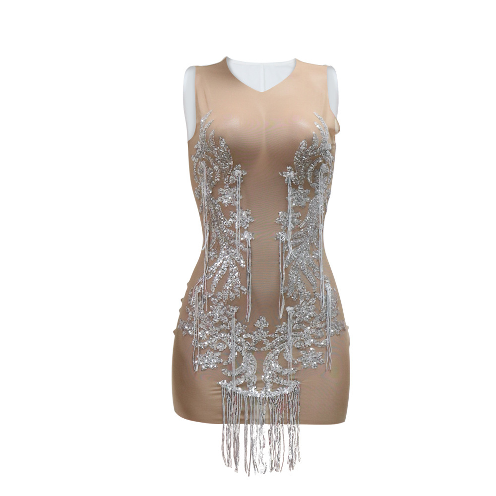 Sequin See through Tassel Dress Women Sexy Sheath Slim Sleeveless Women