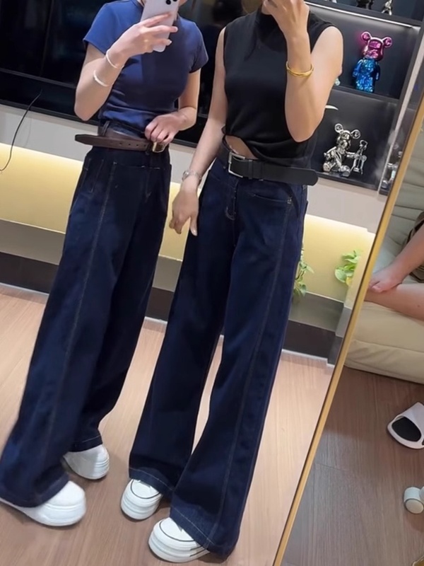 大码女装2025春秋新款高腰直筒牛仔裤女胖mm宽松显瘦阔腿拖地长裤|undefined
