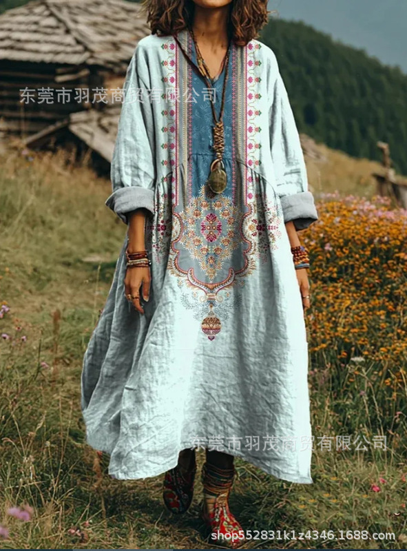 2025新款独立站女式复古花卉艺术图案印花口袋V领口袋连衣裙2|undefined