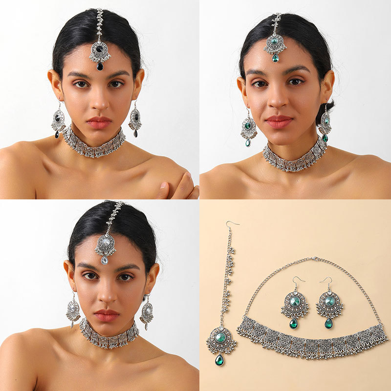European and American Cross-border Diamond Round Tassel Earrings Necklace Hair Chain Three-piece Set Women's Retro Ethnic Style Forehead Chain European and American Cross-border Diamond Round Tassel Earrings Necklace Hair Chain Three-piece Set Women's Retro Ethnic Style Forehead Chain