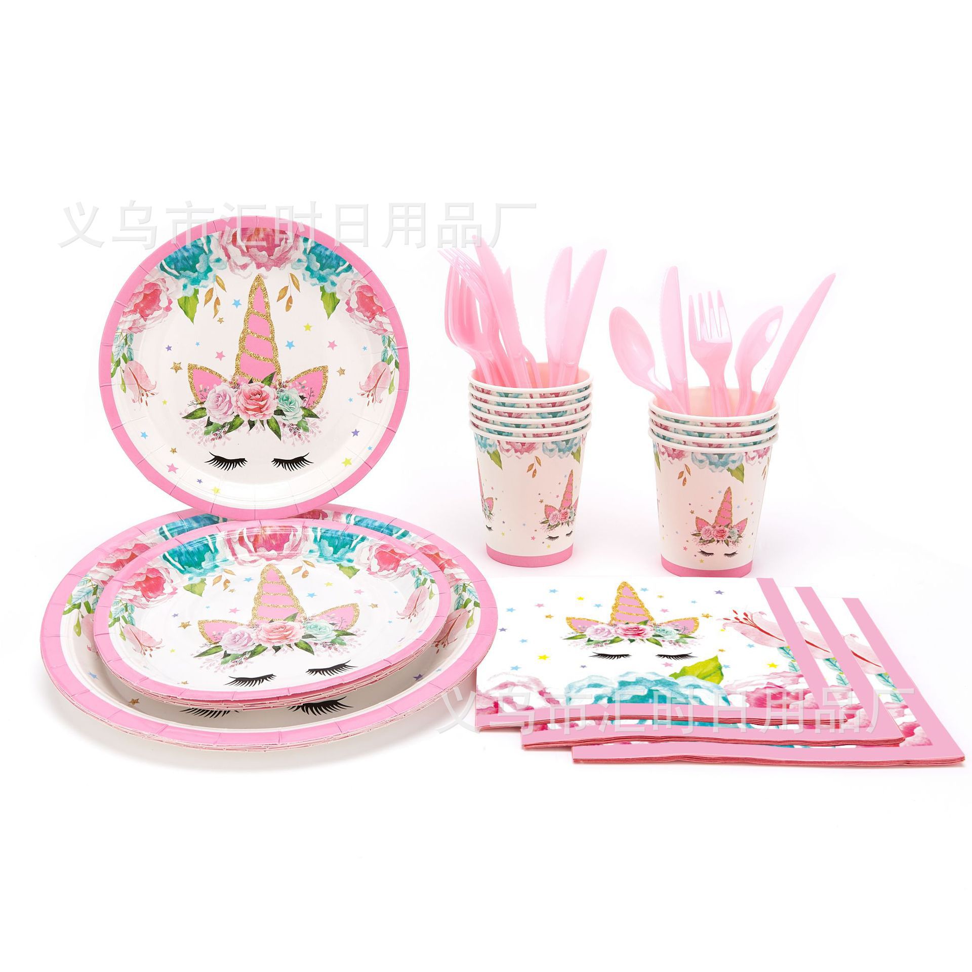Venta directa de fábrica Unicornio niña fiesta de cumpleaños decoración vajilla desechable bandeja de papel taza de papel toalla de papel bandera colgante