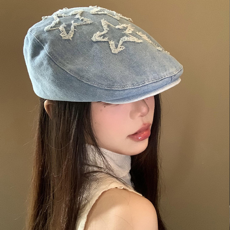 日系复古牛仔毛边星星前进帽女夏季韩版百搭蓝色贝雷帽显脸小帽子
