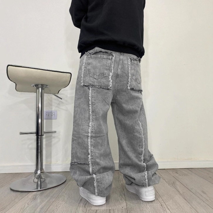 欧美秋冬复古毛边直筒牛仔裤男街头嘻哈显瘦宽松休闲阔腿长裤跨境|undefined
