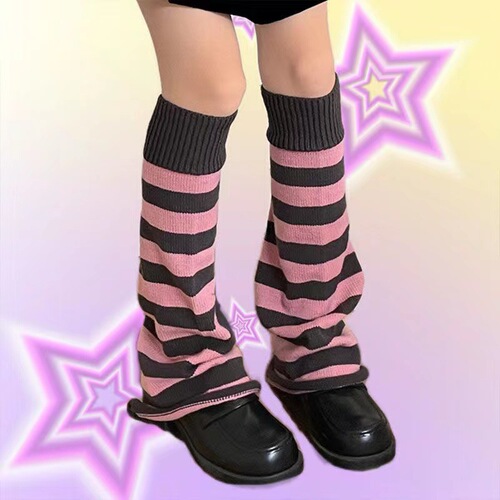 秋冬jk针织小腿灰粉条纹喇叭袜套y2k千禧辣妹堆堆袜毛线保暖腿套