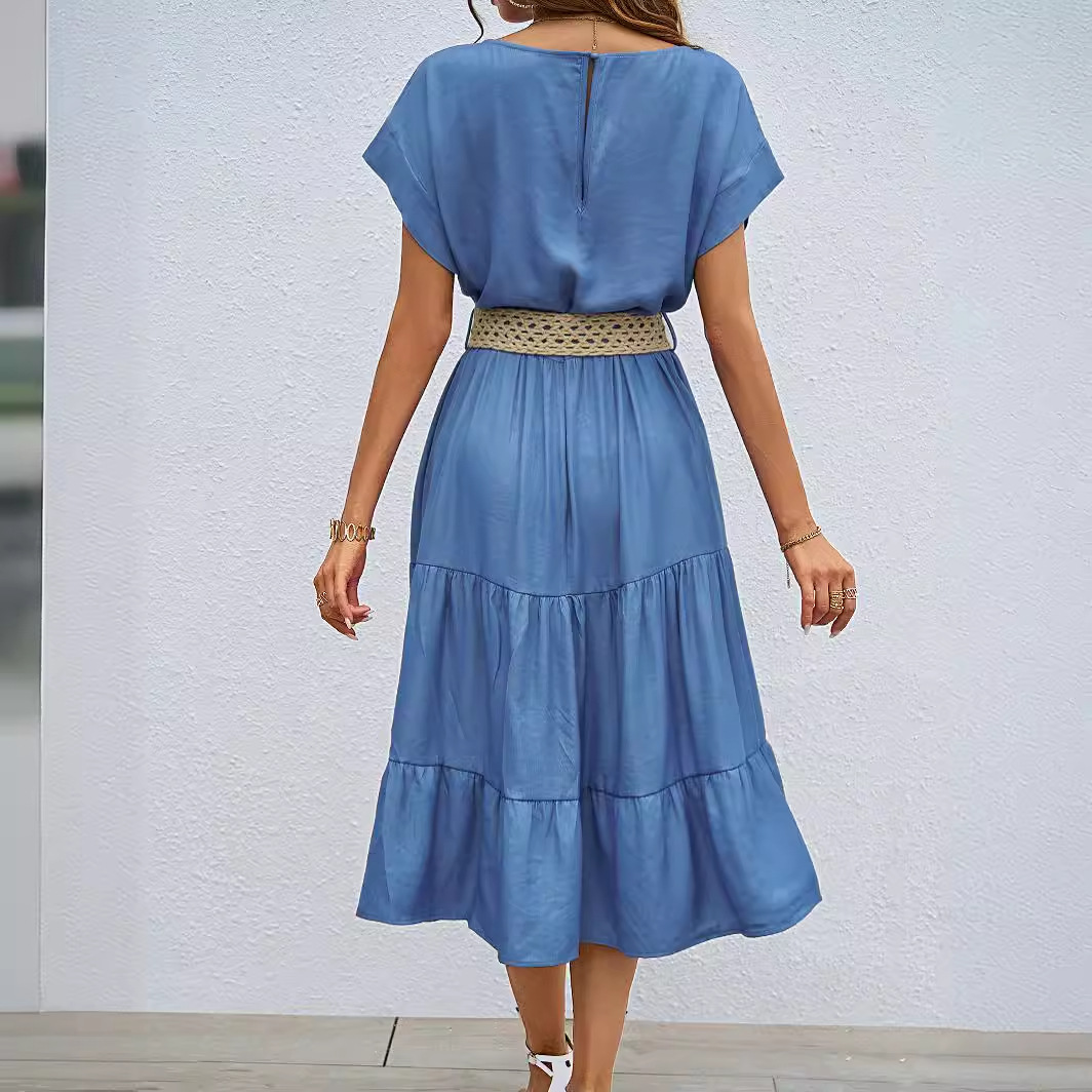summer solid color long dress for leisure with a round collar
