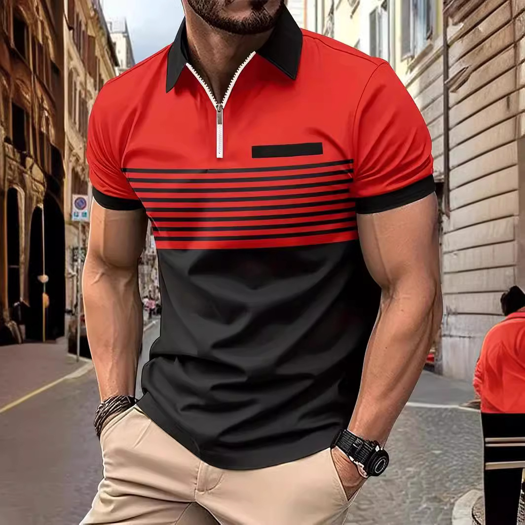 Monochrome Man- 2024 European And American New Cross-Border Striped Print Sho-Sleeve Top Men's Casual Turn-Down Collar Zipper Polo_voghion.com