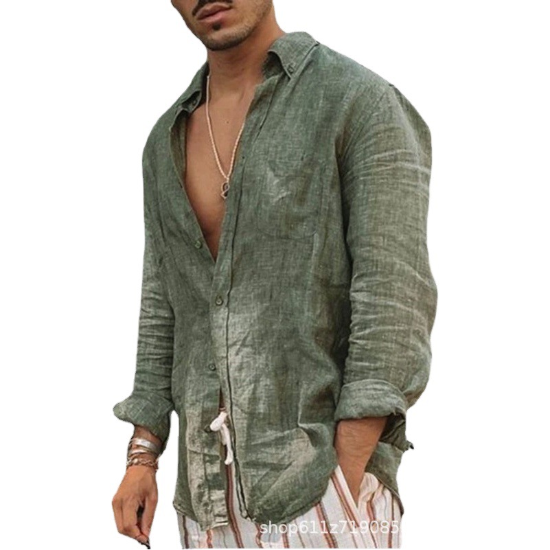 Comercio exterior otoño nuevo color sólido de los hombres europeos y americanos algodón y lino suelta casual solapa de manga larga chaqueta de playa camisa de los hombres