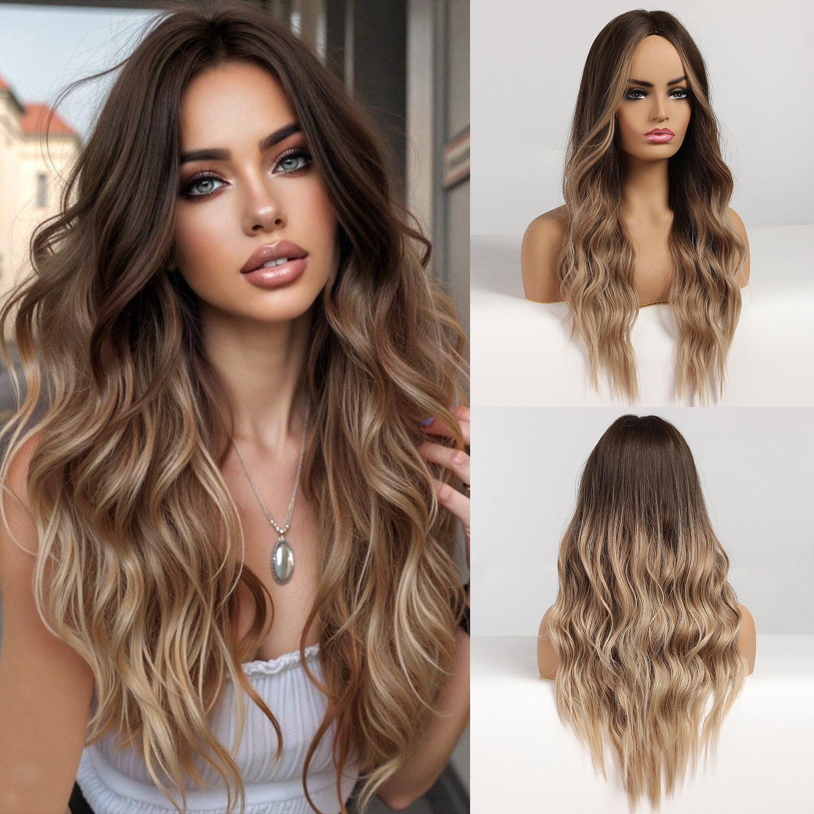 Nueva peluca de estilo europeo y americano transfronterizo, temperamento femenino, diosa, degradado, rollo largo marrón, stock de fábrica, cubierta completa