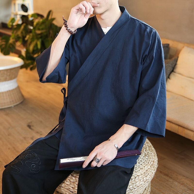 Pure Cotton Ming-Style Hanfu Men's Robe with Cross-Collar, Traditional Chinese Clothing, Zen-Inspired Double-Breasted Sleepwear, Diagonal Collar Tie-Up Top Pure Cotton Ming-Style Hanfu Men's Robe with Cross-Collar, Traditional Chinese Clothing, Zen-Inspired Double-Breasted Sleepwear, Diagonal Collar Tie-Up Top
