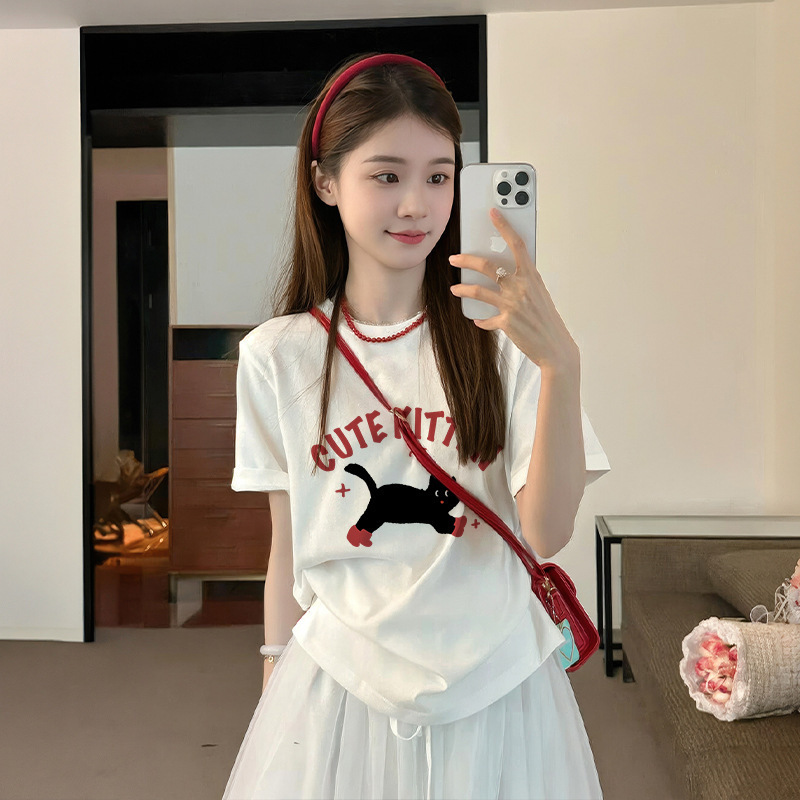 Lightning Warehouse Foreign Trade Summer New Short Sleeve T-Shirt for Women Korean Style Cat Print Loose Top Women's Half Sleeve Base Shirt