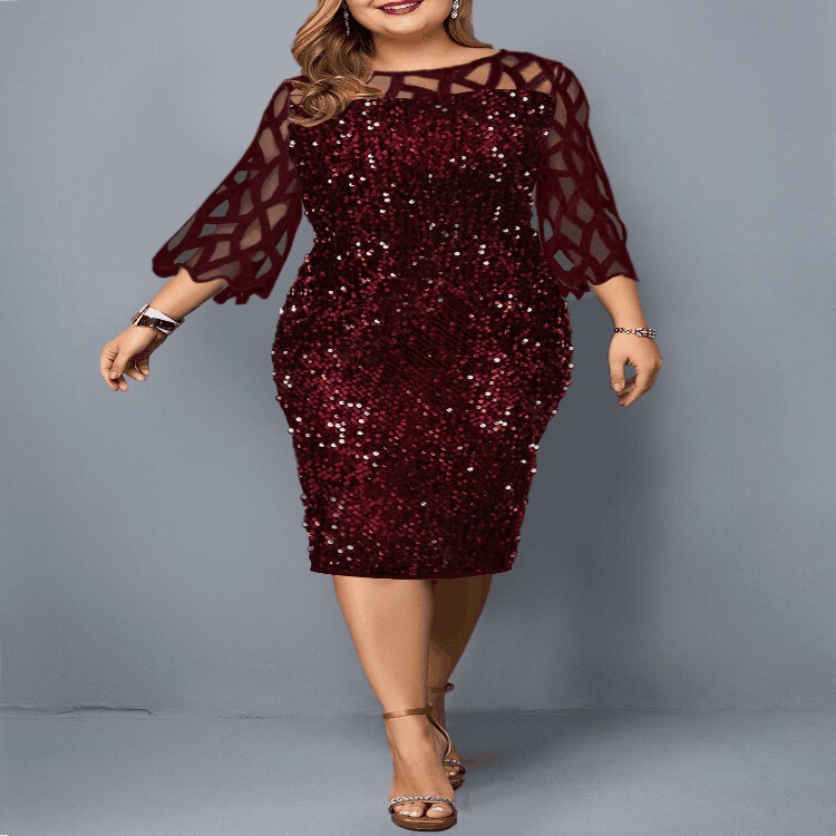 European and American Round Neck Splicing Shiny Slim Party Dress Mesh Splicing Three-Quarter Sleeve Mid-Length Women's Skirt