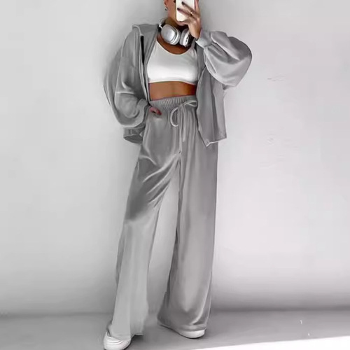 2025 New Velour Set Western and European Fashion Zip-Up Long-Sleeve Sporty Hooded Zip-Up Coat Casual Set