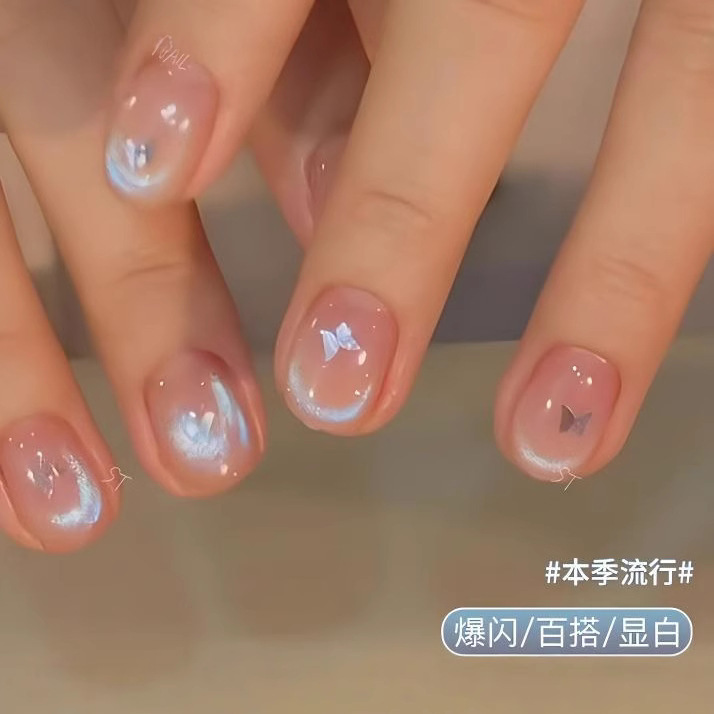 纯欲风手作蓝眼泪猫眼蝴蝶爆闪极光猫眼豆豆甲纯手工美甲穿戴甲甲|undefined