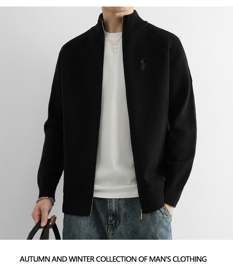 Gilet cardigan homme à double fermeture éclair, logo équitation tendance, col montant, maille haut de gamme, style business_voghion.com