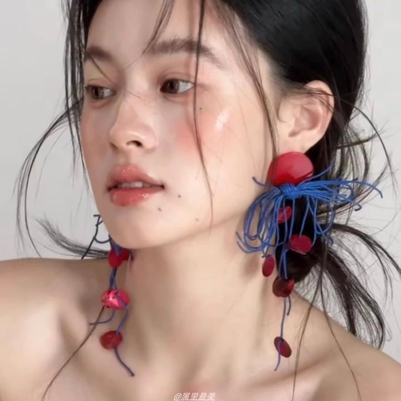 夏日度假风 夸张个性红蓝撞色长款耳环高级感耳钉女复古新娘耳饰|undefined
