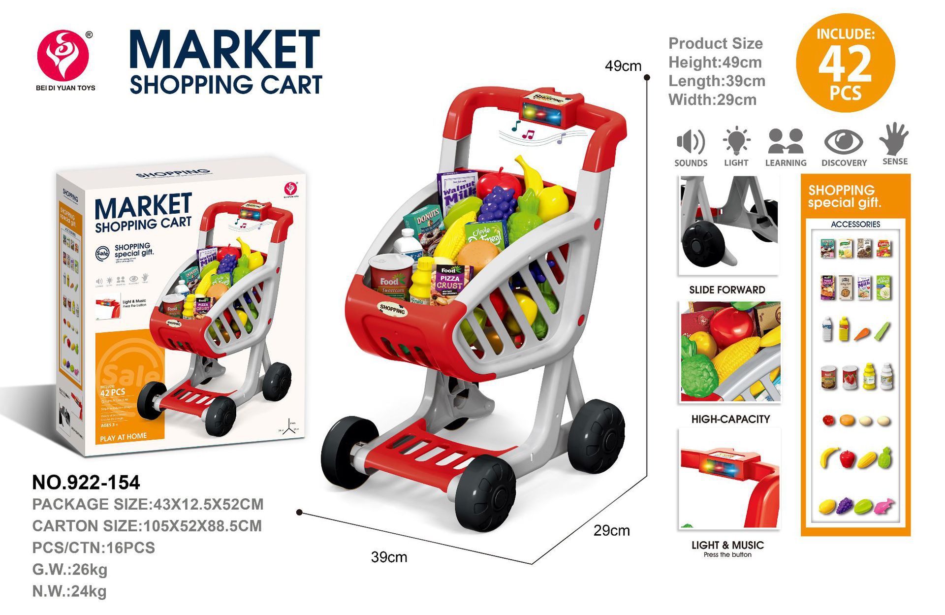 Simulación infantil transfronteriza iluminación de la casa, música, carrito de compras, juegos de supermercado de frutas, carrito de juguetes