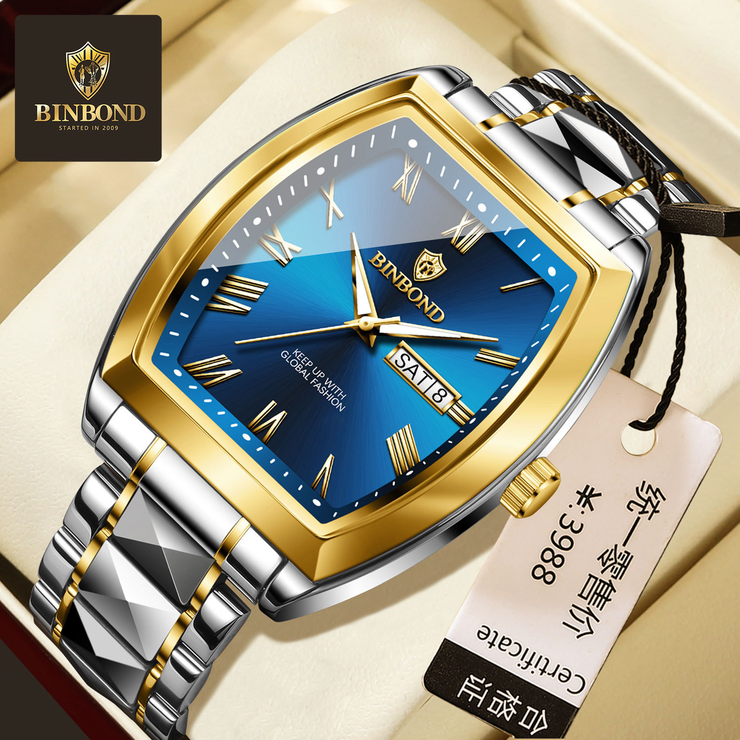 宾邦酒桶形男士手表男款高档商务男表中老年人防水夜光品牌十大