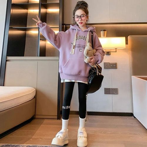 Women's Kids Korean Style Hooded Sweatshirt for Big Kids Autumn/Winter Season Trendy Fleece Lined Thick Stylish Hooded Warm Top  New