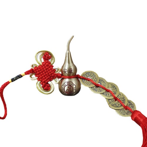 Engraved copper gourd Five Emperors Coin pendant wholesale Chinese knot thickened Five Emperors Coin car hanging brass gourd home ornaments