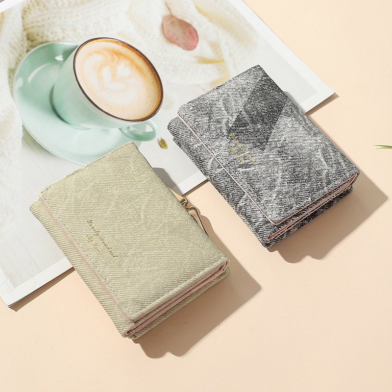 Transfronterizas pequeñas carteras de fragancia en mujeres nuevas bolsas de clip de patrón vaquín lavado con agua bolsas multifuncionales de tarjetas de mujeres sensación de alto nivel