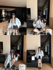 学院风翻领长袖外套女秋季百搭别致双拉链夹克美式休闲藏青色上衣