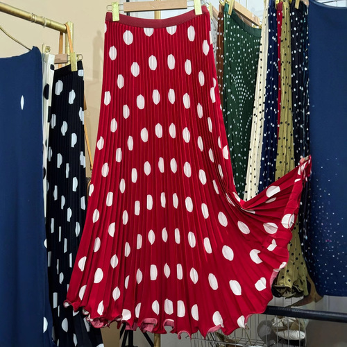 Multicolor Summer Korean Snow Silk Fashion High-Waist Slimming Pleated Polka Dot Medium-Length Skirt for Women