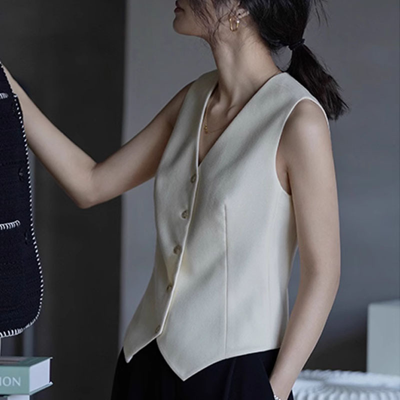 French Vintage V-Neck Suit Vest White Vest Women's Summer Design Niche Short Outer Sleeveless Top