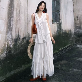 白色不规则纱裙半身裙女夏季2026新款超好看长款a字裙蕾丝蛋糕裙
