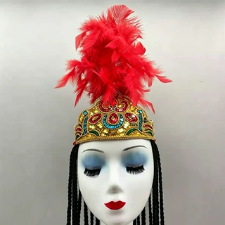 定制维族帽子新疆舞羽毛头饰四角帽亮片六角帽带粗辫子红色紫色