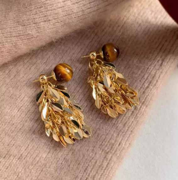 17#Tiger Eye Stone Leaf Tassel Earrings
