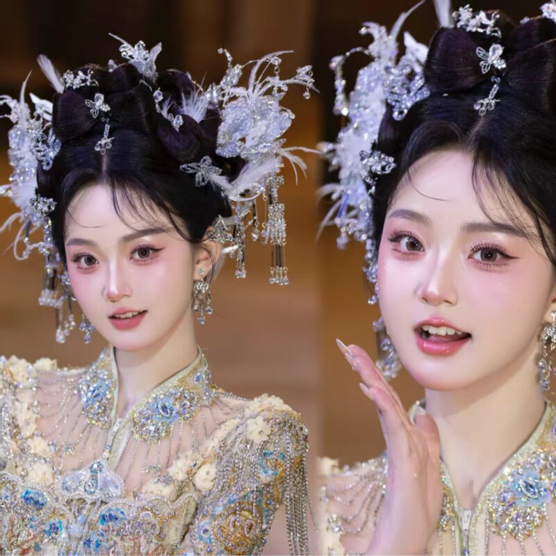 新しいXiuheヘアアクセサリー、明るい色、ハイエンド、多用途、古代衣装のヘアピン、羽、妖精、龍と鳳凰のガウン、漢服、Xiuhe服の頭飾り|undefined