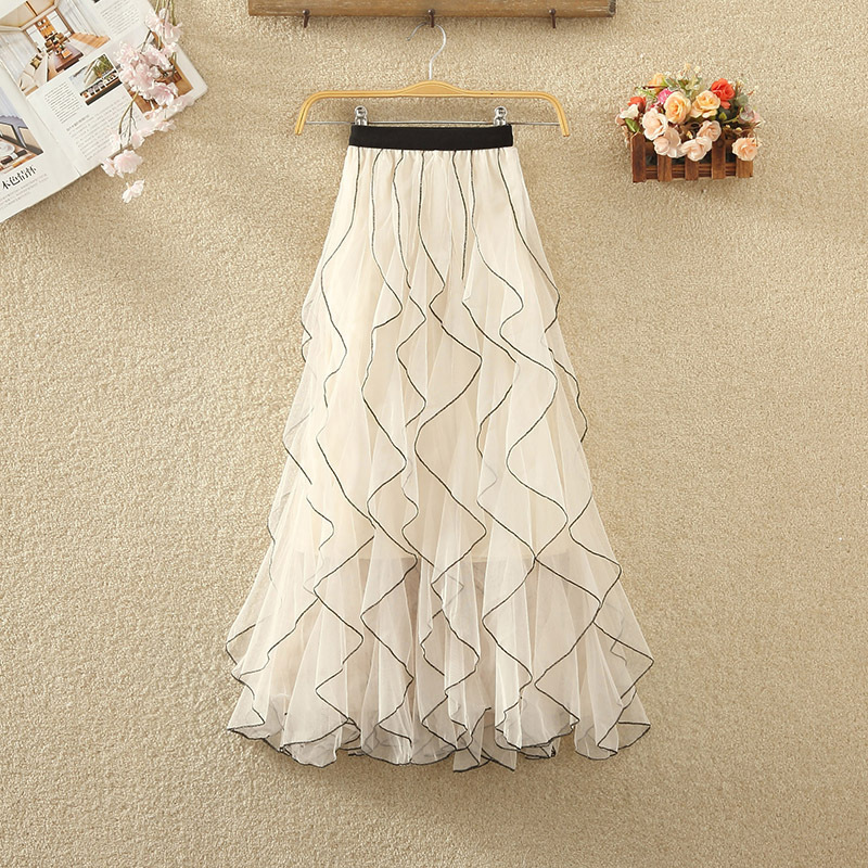 Wavy Mesh Skirt Women's Summer New High Waist Fairy Ruffled Skirt Mid-length A- line Skirt