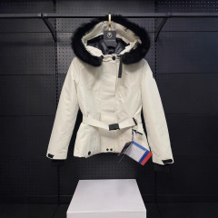 正确版本蒙家24ss新款女士时尚收腰滑雪服连帽狐狸毛领羽绒服外套
