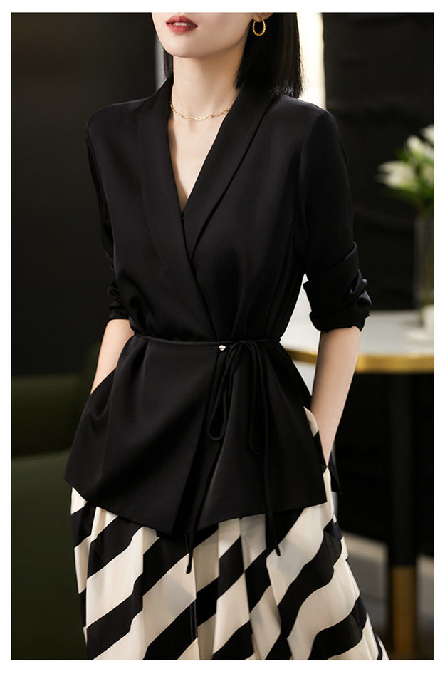 Áo blazer nữ satin thắt eo dáng ôm kiểu Pháp thanh lịch — Trắng ngọc trai, Xám nhạt, Đen đá chi tiết 13